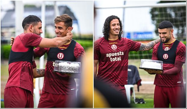 Universitario celebró los cumpleaños de Matías Di Benedetto y Williams Riveros en su regreso a Campo Mar. (Universitario)
