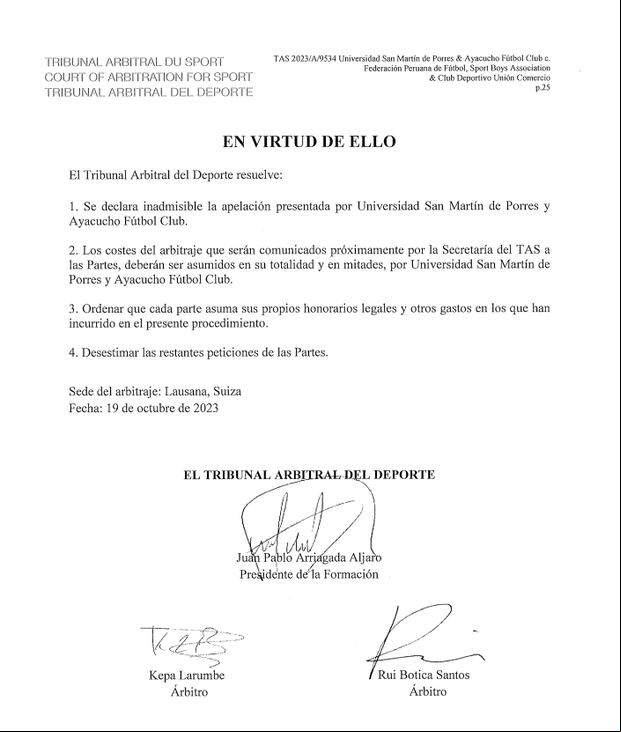 Este fue el veredicto final del TAS por el caso Sport Boys.