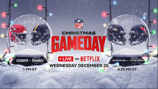 El 25 de diciembre, comienza una nueva tradición navideña en Netflix, y el NFL Christmas Gameday acaba de recibir una lista de estrellas del talento en directo (como si Beyoncé actuando en el espectáculo del descanso del Ravens vs. Texans no fuera suficiente). Los dos épicos enfrentamientos incluyen a los Kansas City Chiefs, ganadores de la Super Bowl LVII, contra los Pittsburgh Steelers en directo en Netflix a la 1 p.m. EST; seguidos de los Baltimore Ravens contra los Houston Texans a las 4:30 p.m. EST. | Crédito: Netflix