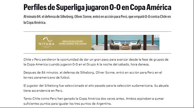 El debut oficial de Oliver Sonne con Perú generó repercusiones en Dinamarca. (Imagen: Captura)