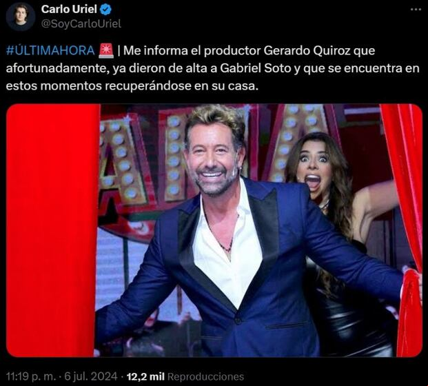 Según el periodista Carlo Uriel, el actor fue dado de alta (Foto: X)