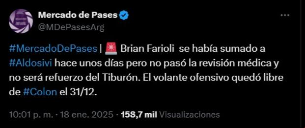 Mercado de Pases informó sobre la situación de Brian Farioli en Aldosivi. (Imagen: Captura de X)