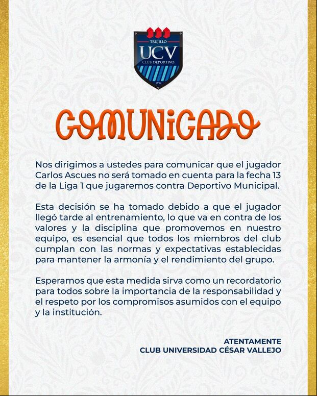 Comunicado del club César Vallejo sobre su jugador Carlos Ascues. (Foto: César Vallejo)