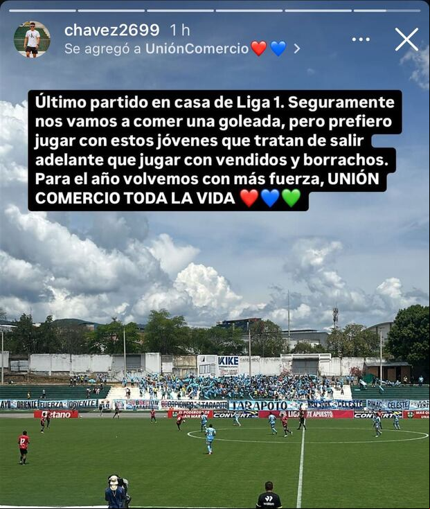 La publicación del vicepresidente de Unión Comercio previo al 12-0 ante Sporting Cristal. (Captura: Instagram)