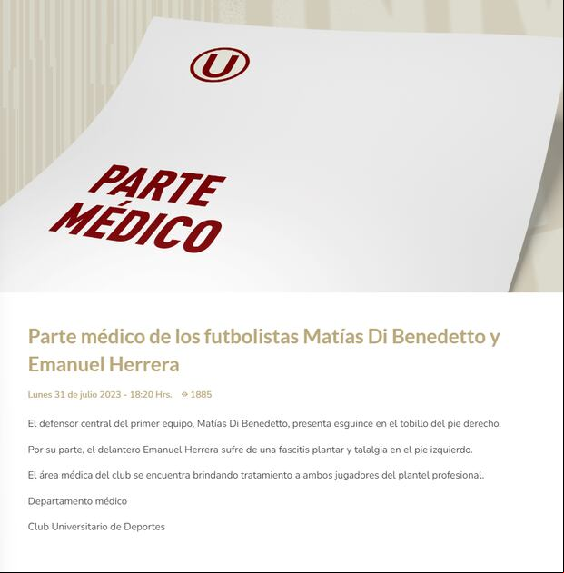 Parte médico de Universitario de Deportes. (Foto: Prensa Universitario de Deportes)
