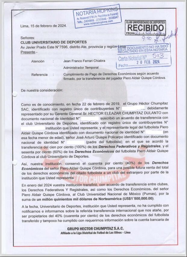 Esta es la carta notarial enviada a Jean Ferrari. En ella, el Grupo Chumpitaz exige el pago del 40% de los derechos económicos por la venta de Piero Quispe a Pumas.