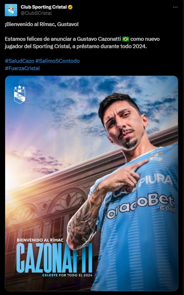 Gustavo Cazonatti fue presentado como nuevo fichaje en Sporting Cristal. (Foto: Twitter)