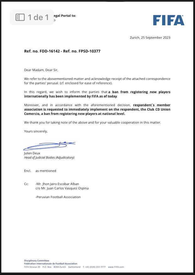La sanción impuesta por la FIFA a Unión Comercio. (Foto: FIFA)