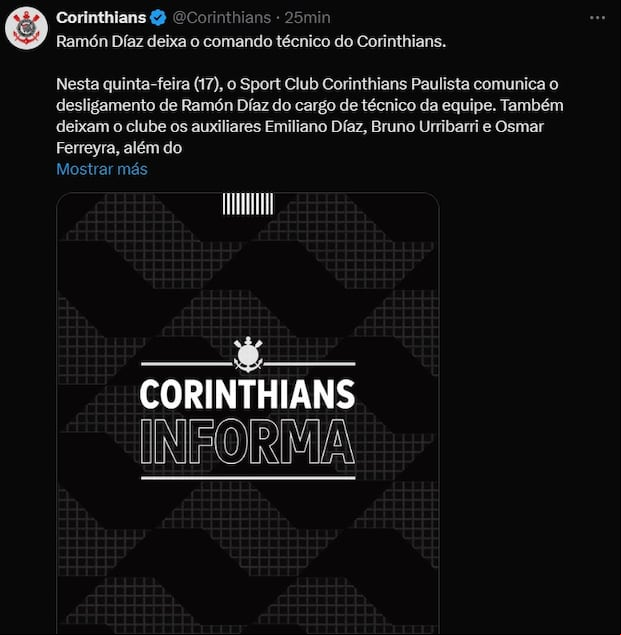 Comunicado de Corinthians en sus redes sociales anunciando la salida de Ramón Díaz.
