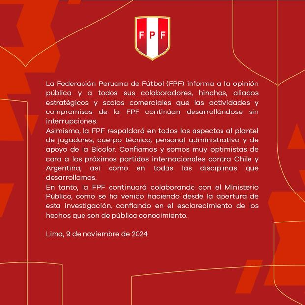 Comunicado de la FPF tras la detención de Agustín Lozano. (Foto: FPF)