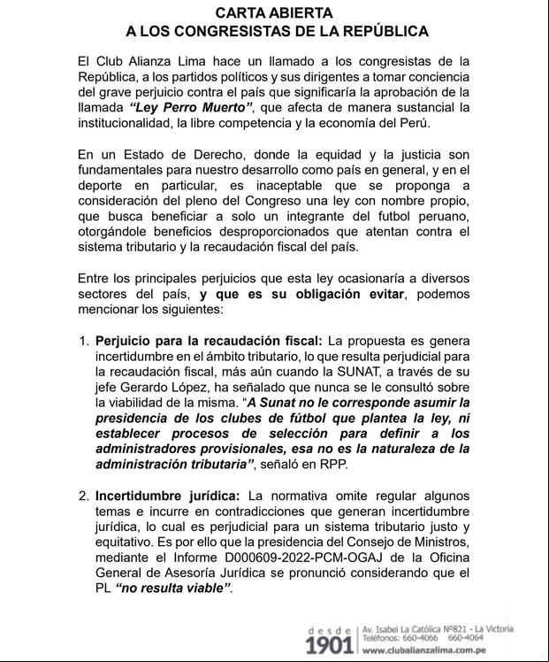 Alianza Lima envía carta al Congreso contra el Proyecto de Ley 1137/2021-CR y expone sus argumentos. (Foto: Alianza Lima)