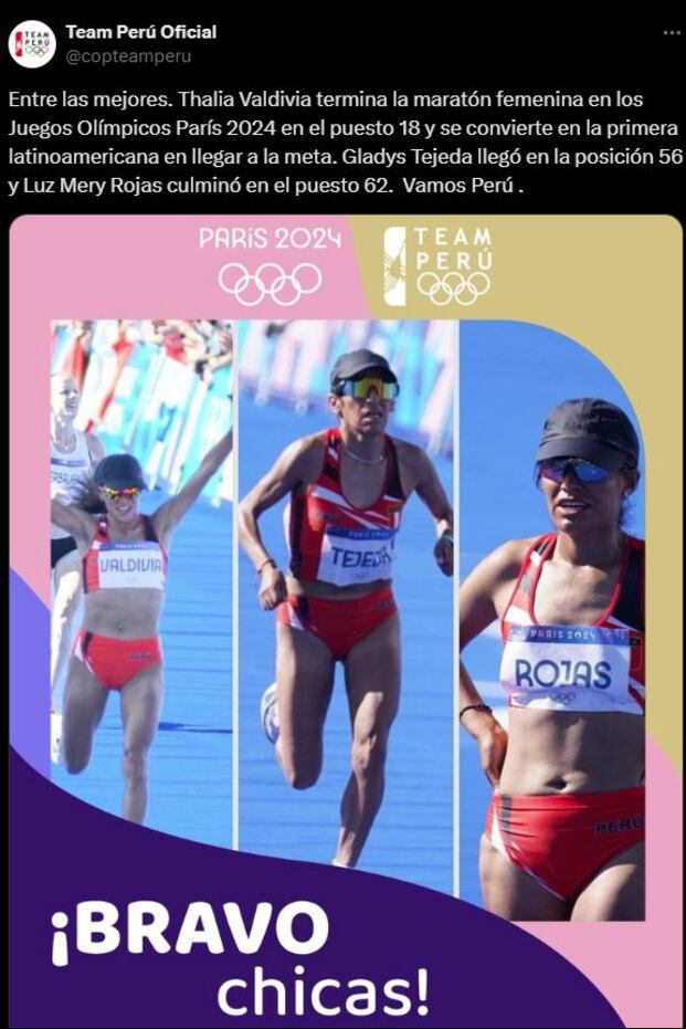 Thalía Valdivia, Gladys Tejeda y Luz Mery Rojas representaron este domingo a Perú en la maratón de los Juegos Olímpicos, dando por culminada la participación del equipo nacional.
