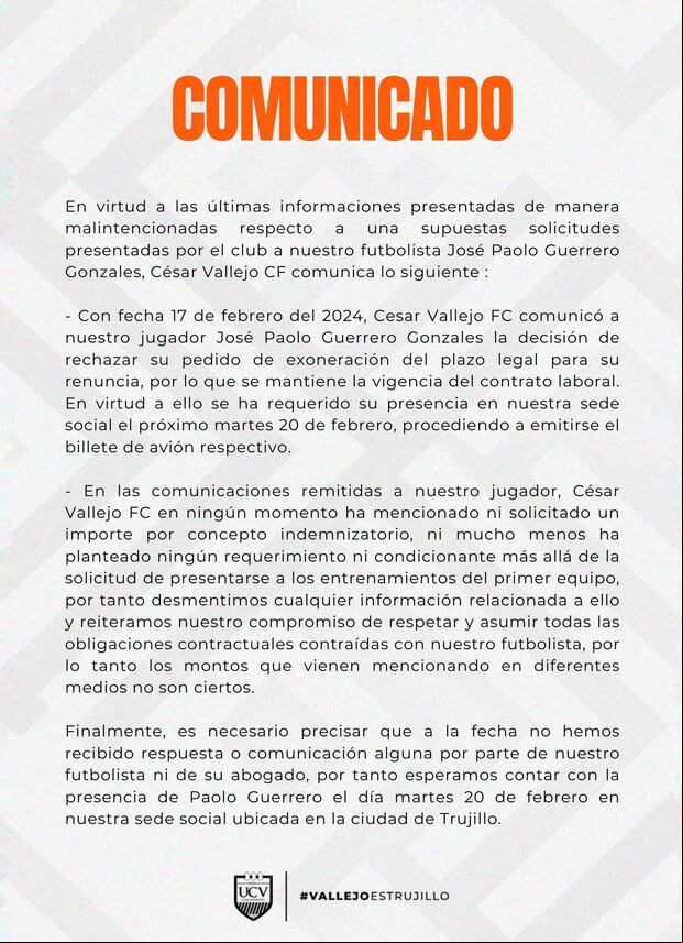Comunicado de César Vallejo sobre Paolo Guerrero.