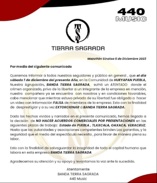 El comunicado del grupo anunciando el secuestro de la banda (Foto: Tierra Sagrada / Instagram)