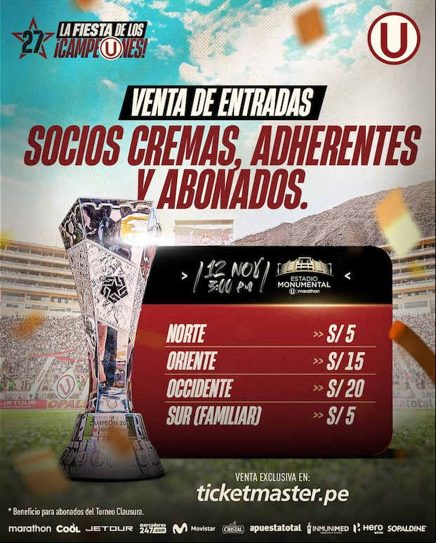 Costo de los boletos para la ceremonia de premiación de la Liga 1 Betsson 2023. (Foto: Universitario)