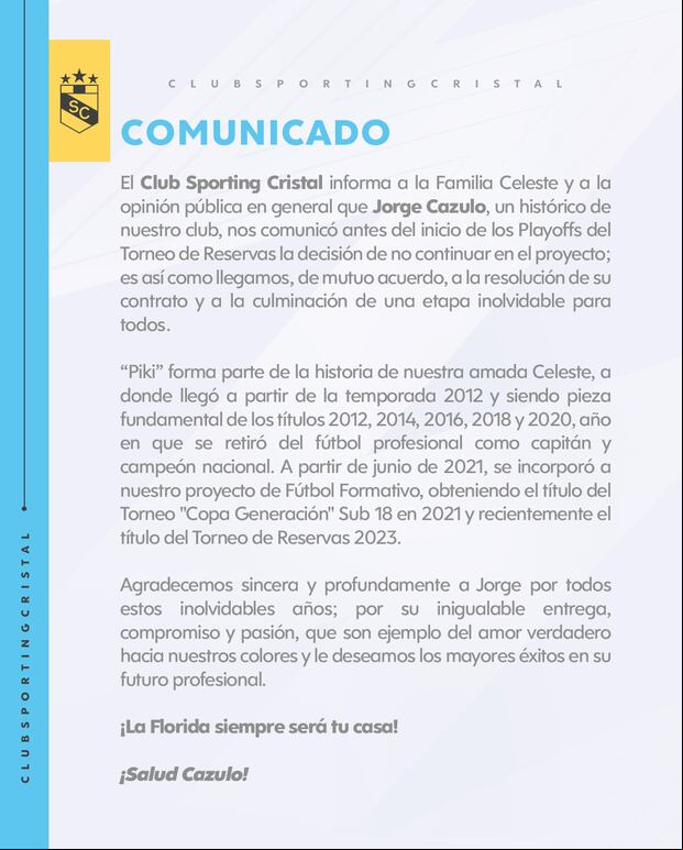 Comunicado de Sporting Cristal sobre la salida de Jorge Cazulo. (Foto: Sporting Cristal)