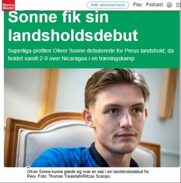 EkstraBladet rebotó el debut de Oliver Sonne con la Selección Peruana. (Imagen: Captura)