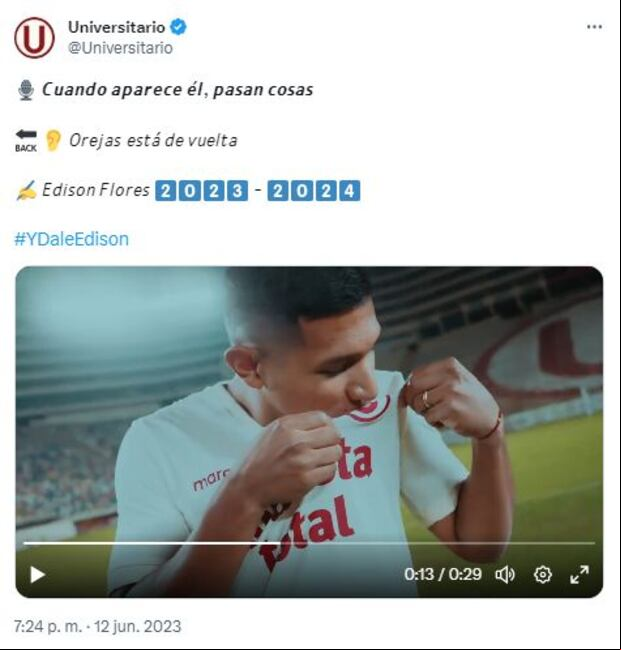 Así anunció Universitario de Deportes el regreso de Edison Flores. (Captura: Twitter)