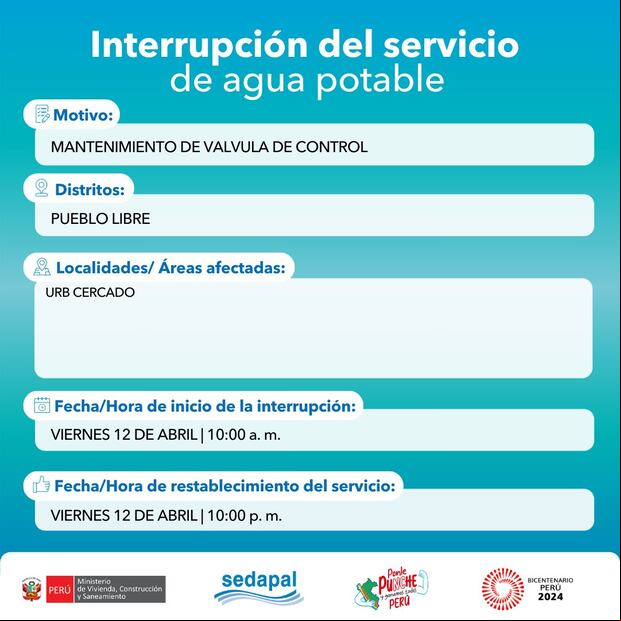 Sedapal anunció las zonas de Lima Metropolitana que no contarán con servicio de agua este 12 de abril. (Foto: Sedapal)