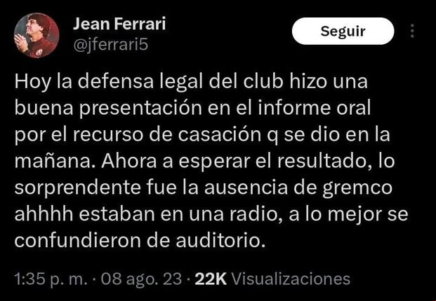 Jean Ferrari confirmó ausencia de Gremco en vista de la causa por recurso de casación (Captura)