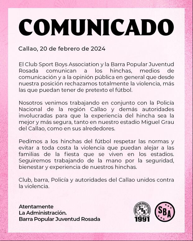 Sport Boys y su comunicado, tras los actos de violencia entre barristas de Universitario y Alianza Lima. (Foto: Twitter)