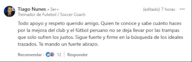 El comentario de apoyo de Tiago Nunes a Joel Raffo. (Linkedin)