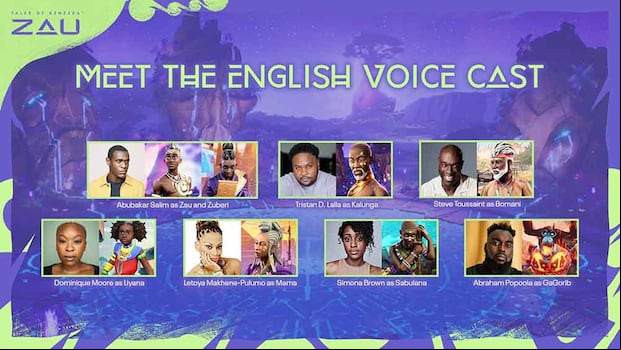 Aquí podemos apreciar la lista de actores de voz en inglés y personajes del título.