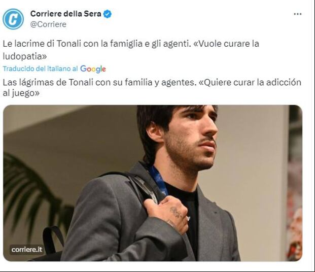 Tonali reconoce problema con la ludopatía, según prensa italiana.