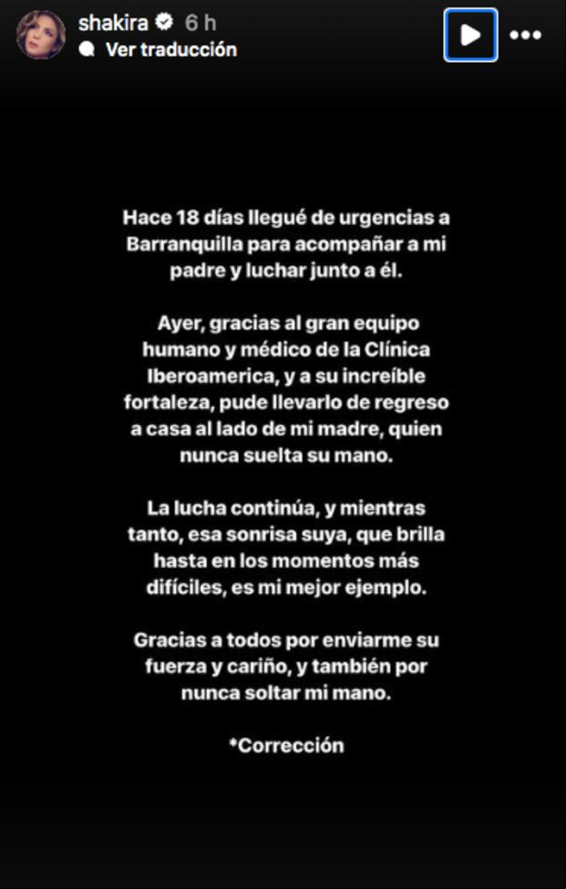 Comunicado de Shakira sobre el estado de salud de su padre William Mebarak (Foto: Shakira / Instagram)