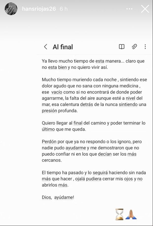 El mensaje de Hansell Riojas en su cuenta de Instagram. (Imagen Captura)