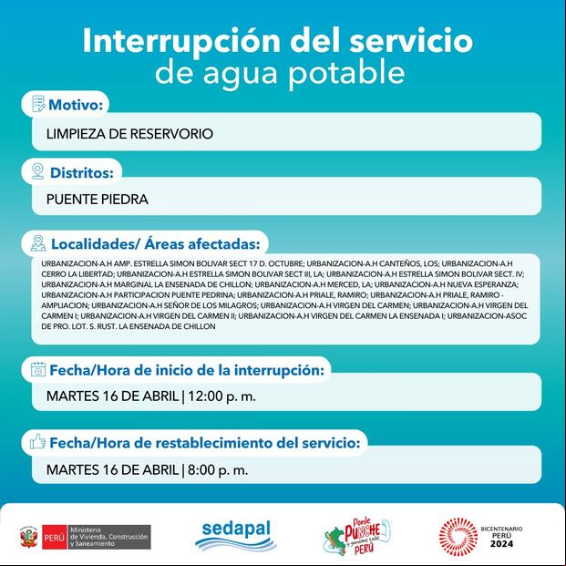 Sedapal anunció que el servicio de agua potable estará restringido en algunas zonas este martes 16 de abril. (Foto: Sedapal)