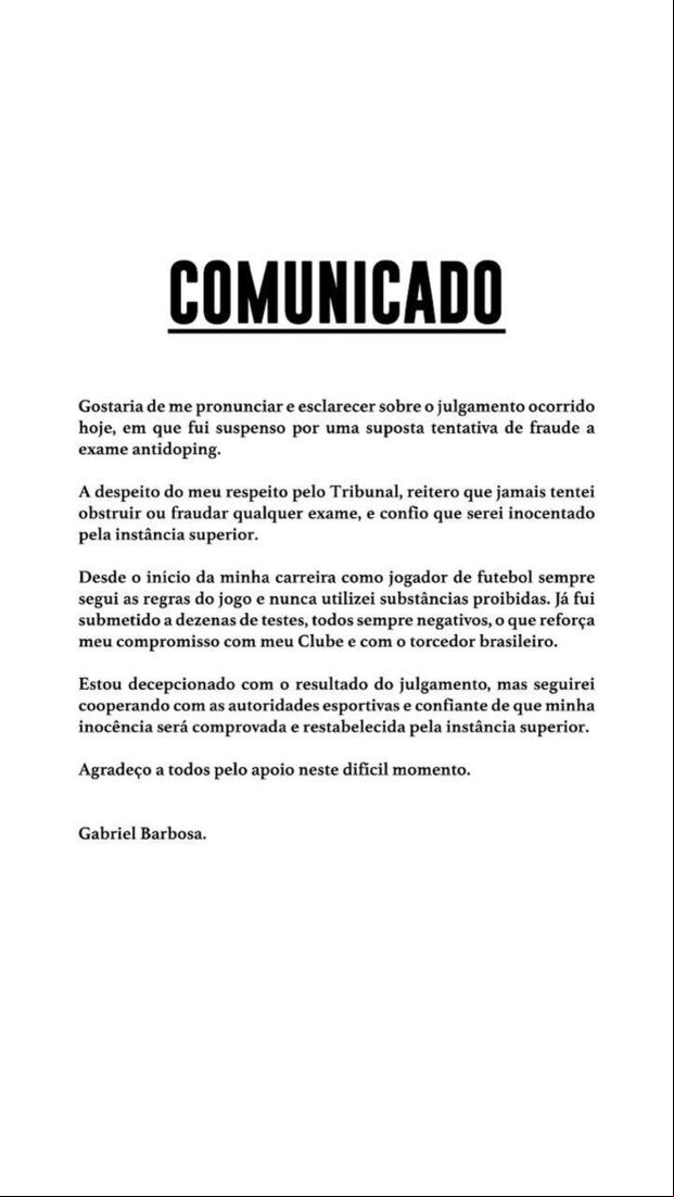 Comunicado de Gabigol luego de sanción. (Foto: Instagram)