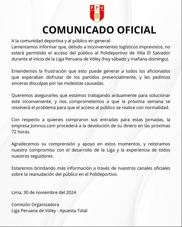 Comunicado de la Federación Peruana de Vóley