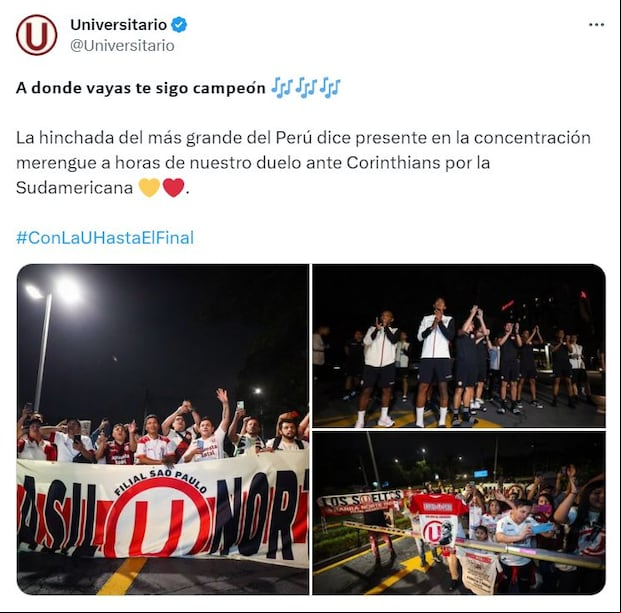 Hinchas de Universitario llegaron al hotel de concentración en Sao Paulo para el banderazo, previo al duelo contra Corinthians. (Foto: Twitter)