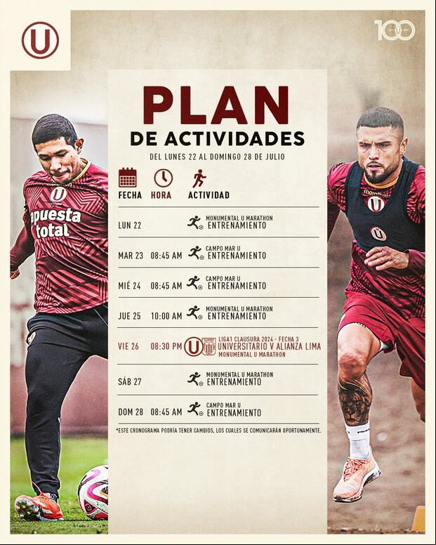 El plan de actividades de Universitario en esta semana. (Foto: Universitario)