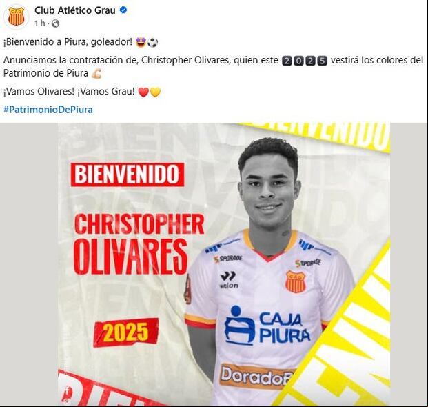 Atlético Grau anunció al 'Zancudito' Olivares para la próxima temporada. (Facebook)