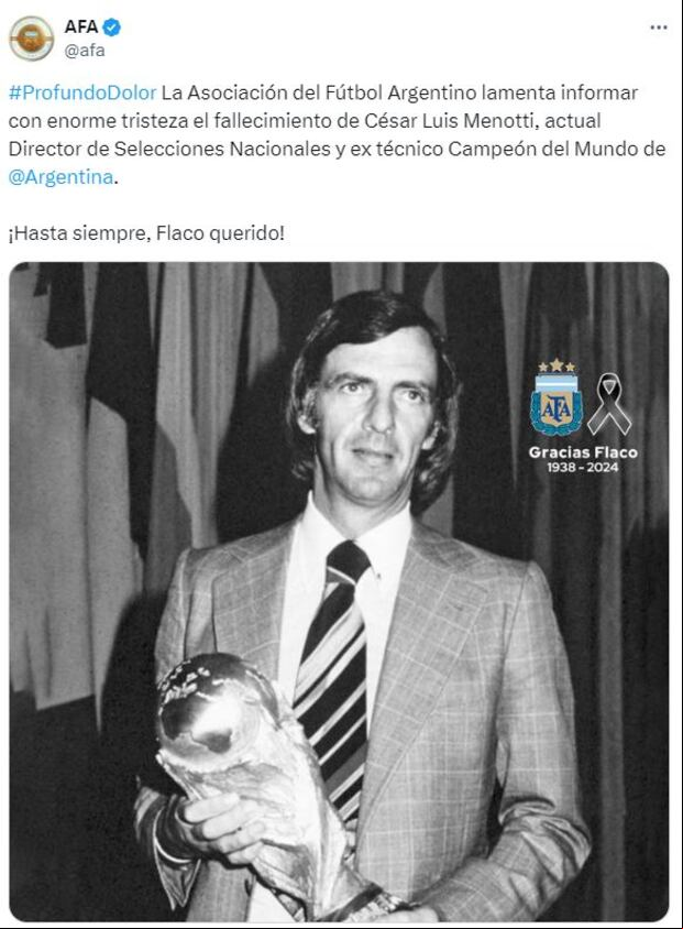 El anuncio de la AFA sobre el lamentable fallecimiento del 'Flaco' Menotti. (Foto: AFA)