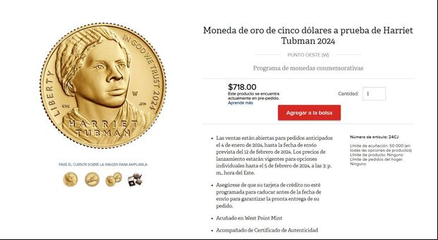 Moneda conmemorativa de oro de Harriet Tubman 2024 (Foto: United States Mint)