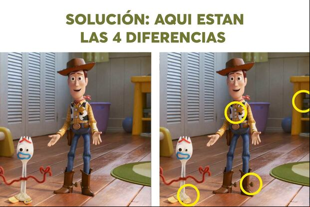 SOLUCIÓN DESAFÍO VISUAL | En círculos amarillos he encerrado el total de diferencias entre las imágenes de Toy Story.