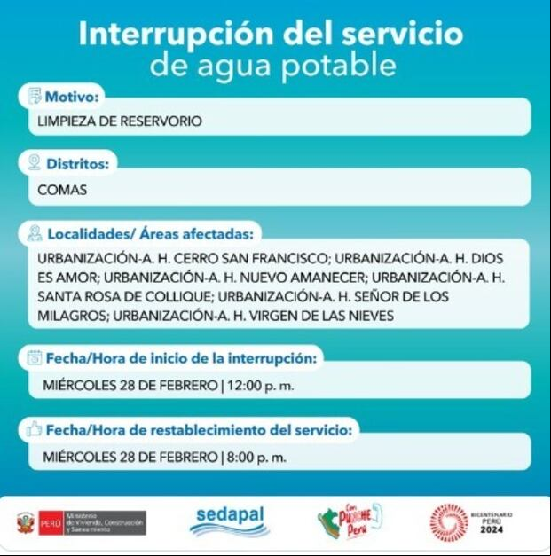 Corte de agua programado para este miércoles 28 de febrero por Sedapal (Foto: @SedapalOficial).