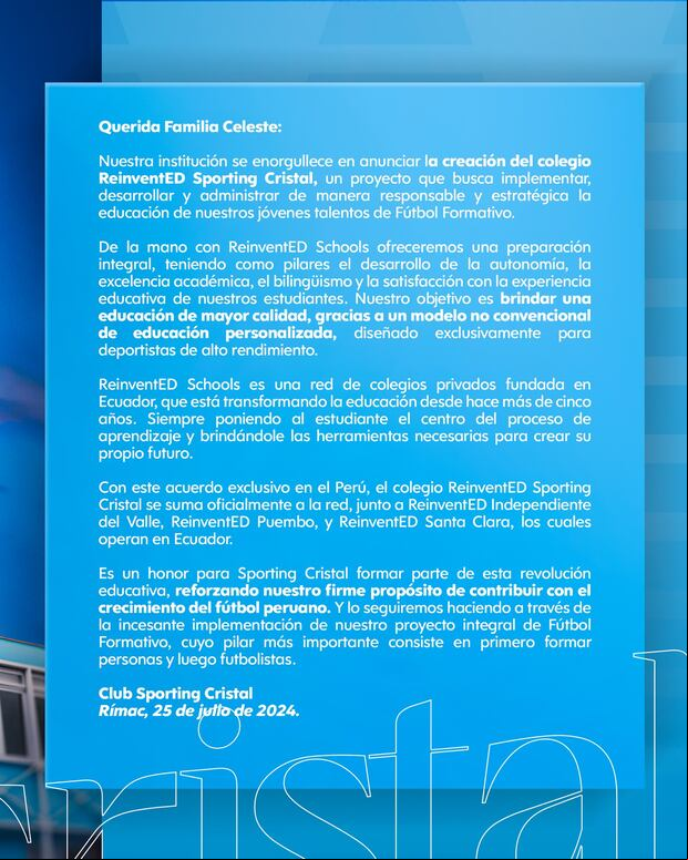 Sporting Cristal anunció la creación de ReinventED. (Foto: Sporting Cristal)