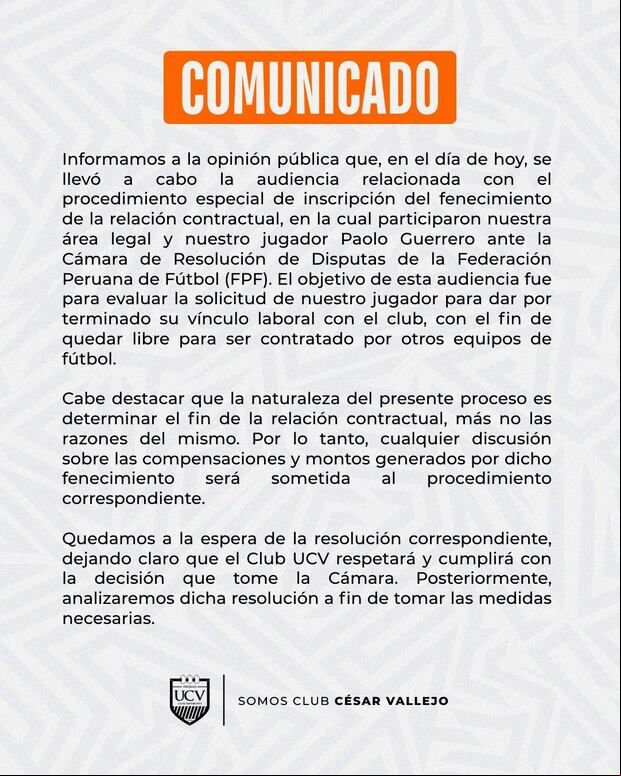 Comunicado de UCV sobre Paolo Guerrero.