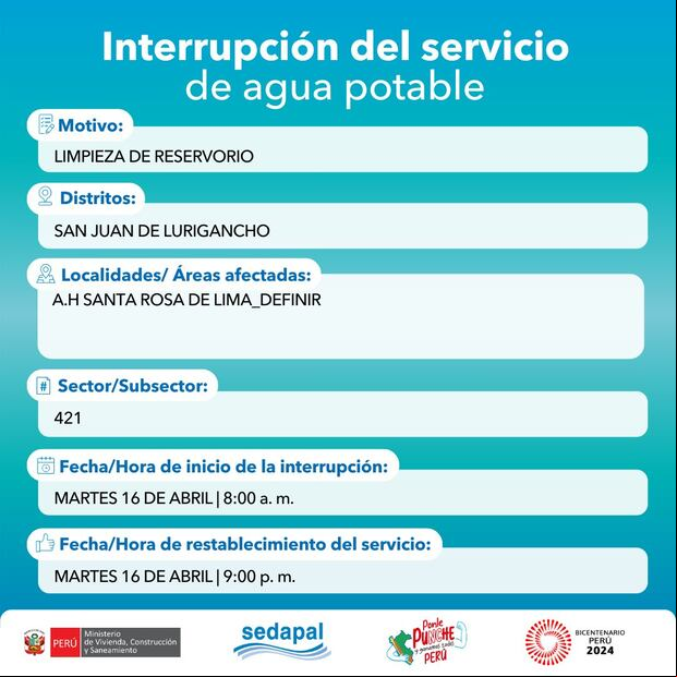 Sedapal anunció que el servicio de agua potable estará restringido en algunas zonas este martes 16 de abril. (Foto: Sedapal)