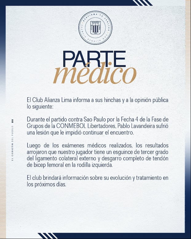 Alianza Lima confirmó lesión de Pablo Lavandeira vía redes sociales.
