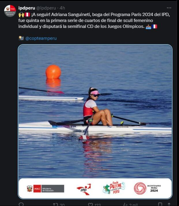 Adriana Sanguineti fue quinta en la primera serie de cuartos de final de scull femenino individual.