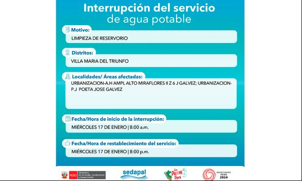 Sedapal informó qué distritos no tendrán agua este miércoles 17 de enero. (Foto: Twitter)
