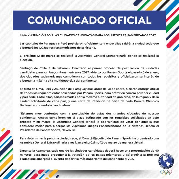 El comunicado oficial de Panam Sports. (Foto: Panam Sports)