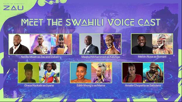 Aquí podemos apreciar la lista de actores de voz en Swahili y personajes del título.