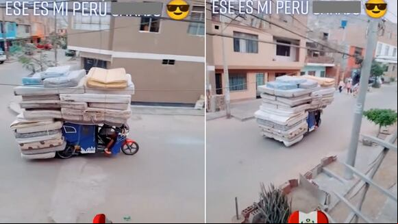 Peruano se arriesga al llevar más de 20 colchones en su mototaxi